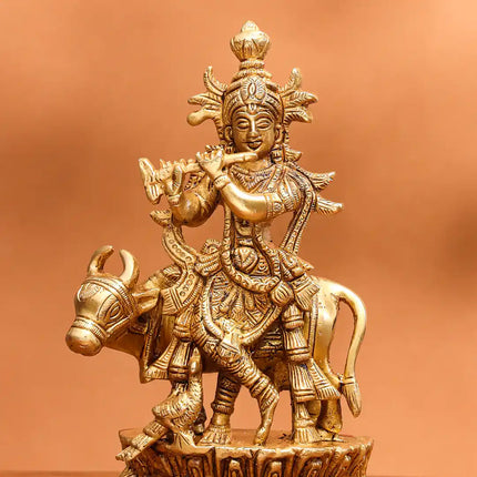 Brass Standing Krishna With Cow Idol (7 Inch)