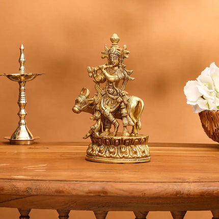 Brass Standing Krishna With Cow Idol (7 Inch)