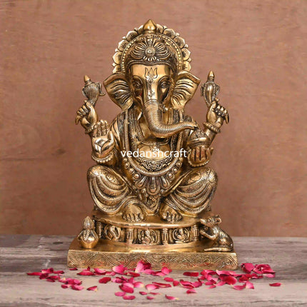 Brass Lord Sitting Ganesha Idol (14")