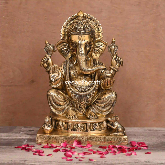 Brass Lord Sitting Ganesha Idol (14")