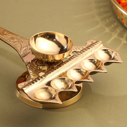 Brass Traditional Panch Aarti With Handle (10.5 Inch)
