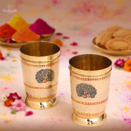 Brass Hand Painted Glass Pair