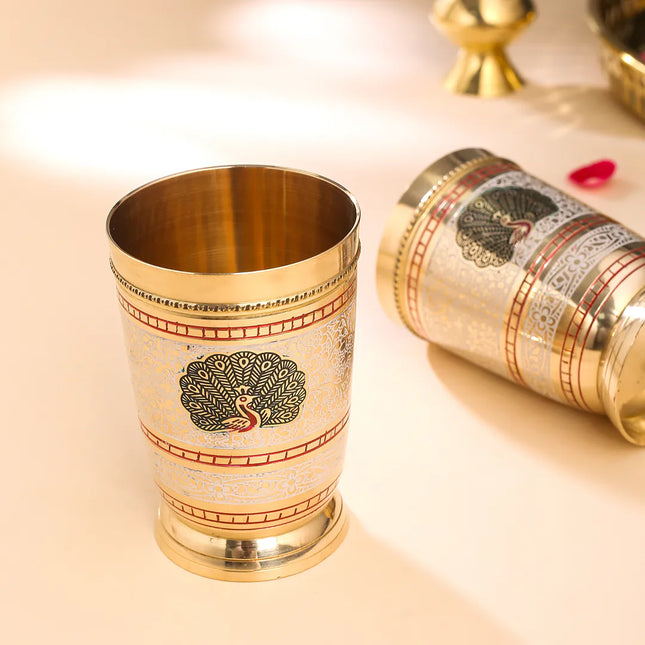 Brass Hand Painted Glass Pair