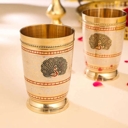 Brass Hand Painted Glass Pair