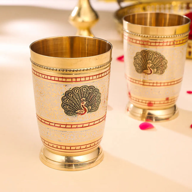 Brass Hand Painted Glass Pair