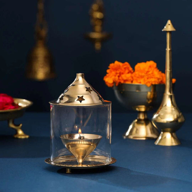 Brass Glass Akhand Jyoti Star Diya (6 Inch)