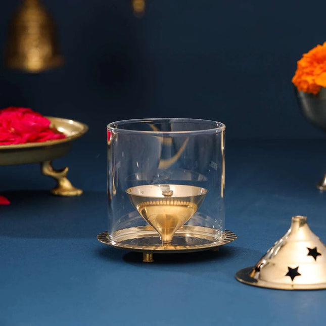 Brass Glass Akhand Jyoti Star Diya (6 Inch)