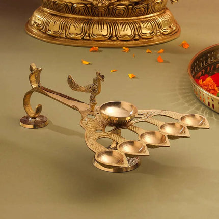 Brass Peacock Panch Aarti With Handle (11.5 Inch)