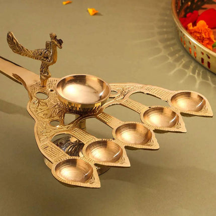 Brass Peacock Panch Aarti With Handle (11.5 Inch)