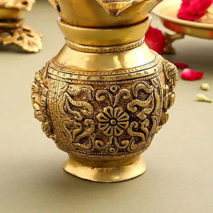 Brass Kalash With Ganesh And Lakshmi Carving (7 Inch)
