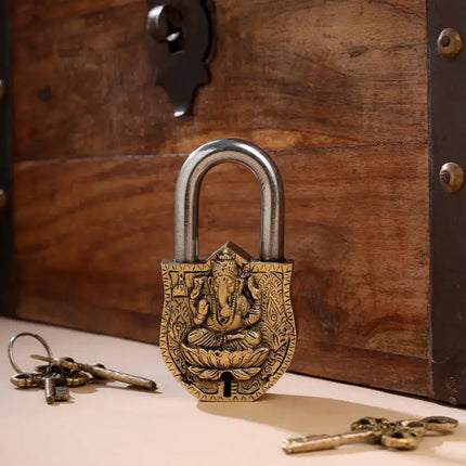 Brass Ganesha Door Lock With Three Brass Keys (4.5 Inch)