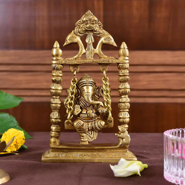Brass Sitting Ganesha On Swing/Jhula (7.5 Inch)