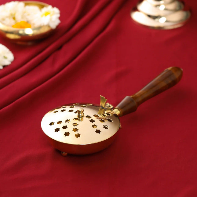Brass Incense Butler With Wooden Handle (2.5 Inch)