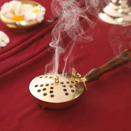 Brass Incense Butler With Wooden Handle (2.5 Inch)