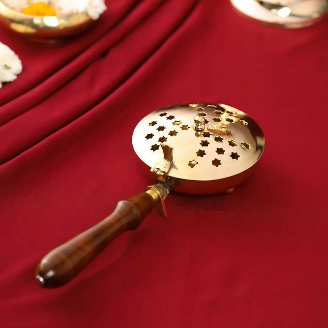 Brass Incense Butler With Wooden Handle (2.5 Inch)