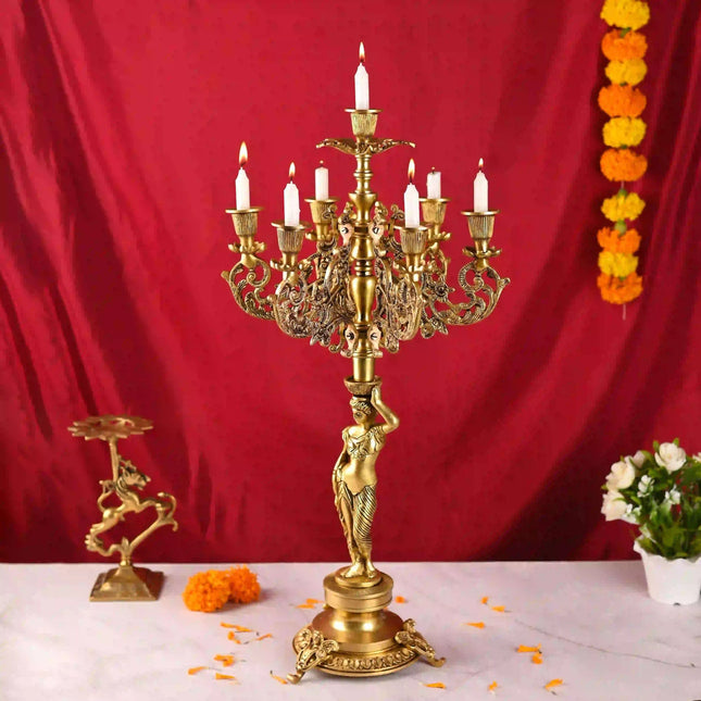 Brass Seven Petal Candle Holder Stand – Elegant Handmade Brass Decor (24.8 inches)
