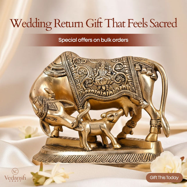 Brass Kamdhenu Cow With Calf Idol (5 Inch)