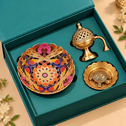 Brass Luxury Gift Hamper with Dhoop Dani, Bowl & Tortoise with Plate