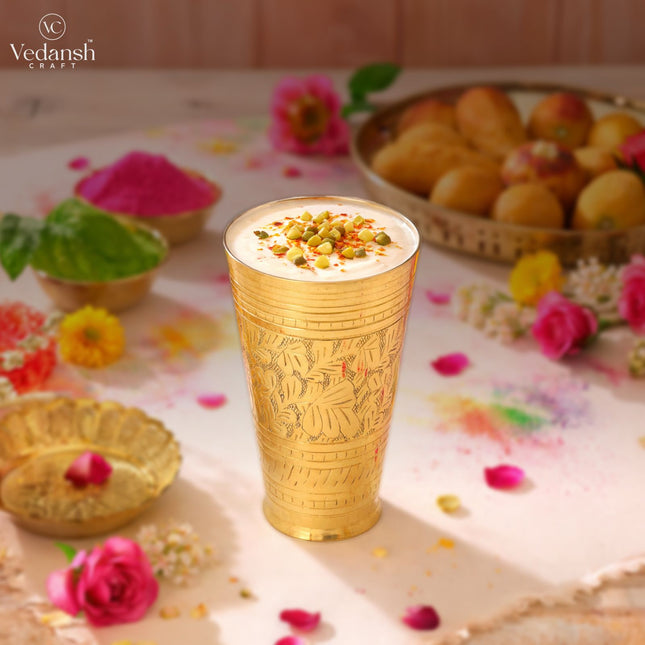 Brass Lassi Glass And Plate Set