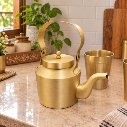 Brass Matt Tea Pot/Kettle and Cup Set With Serving Stand (9 Inch)