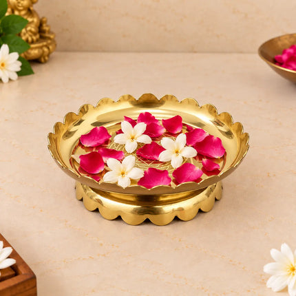 Brass Shree Yantra Engraved Lotus Plate With Stand (5.5 Inch)