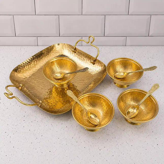 Brass Hammered Serving Tray / Platter With Bowl and Spoon Set With Velvet Box