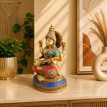 Brass Stone Work Goddess Sitting Saraswati Idol (7.5 Inch)