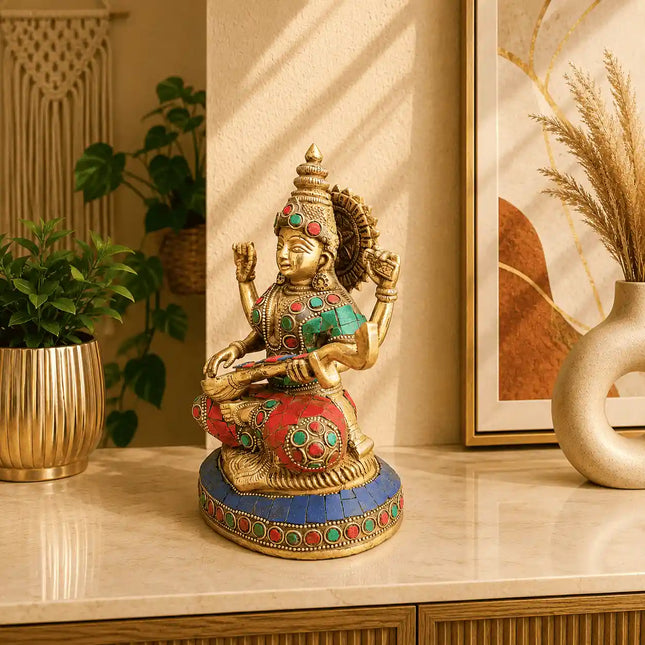 Brass Stone Work Goddess Sitting Saraswati Idol (7.5 Inch)