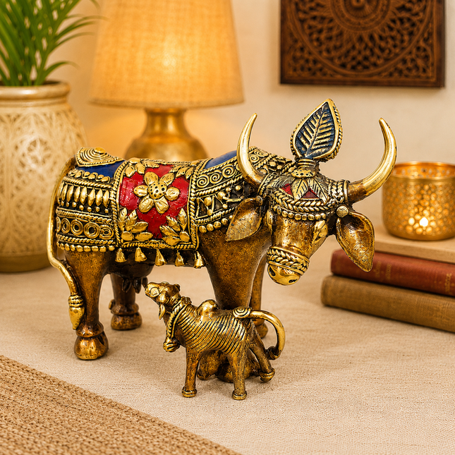Brass Dhokra Kamdhenu Cow with Calf Statue (6.5 Inch)
