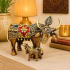 Brass Dhokra Kamdhenu Cow with Calf Statue (6.5 Inch)