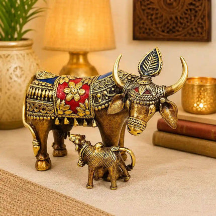 Brass Dhokra Kamdhenu Cow with Calf Statue (6.5 Inch)