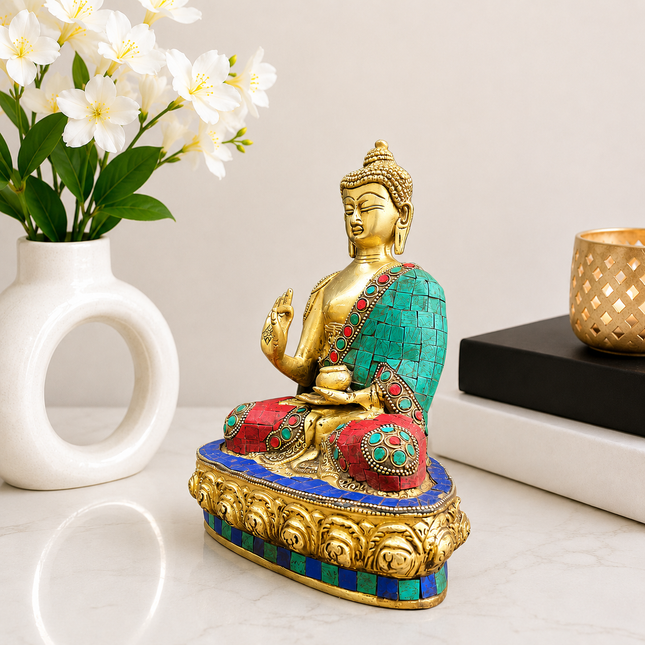 Brass Stone Work Blessing Sitting Buddha Statue