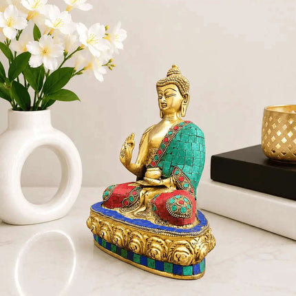 Brass Stone Work Blessing Sitting Buddha Statue