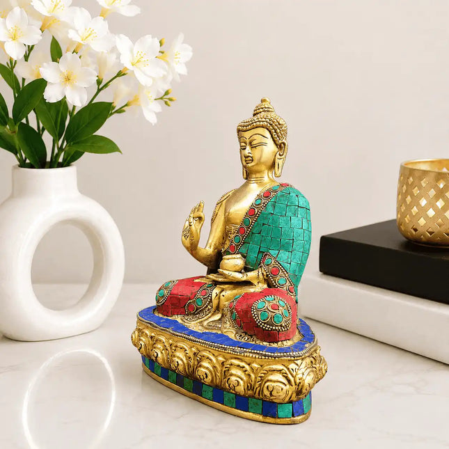 Brass Stone Work Blessing Sitting Buddha Statue