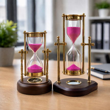 Brass Rotating Sand Clock With Compass And Wooden Stand
