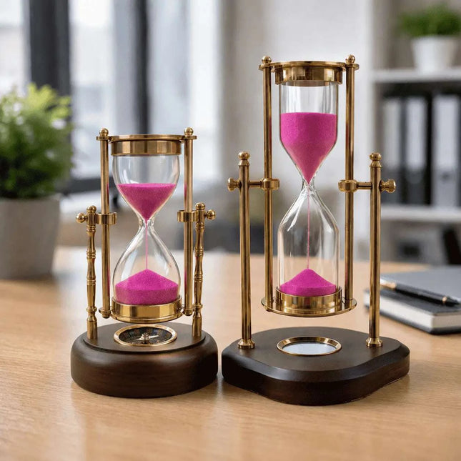 Brass Rotating Sand Clock With Compass And Wooden Stand
