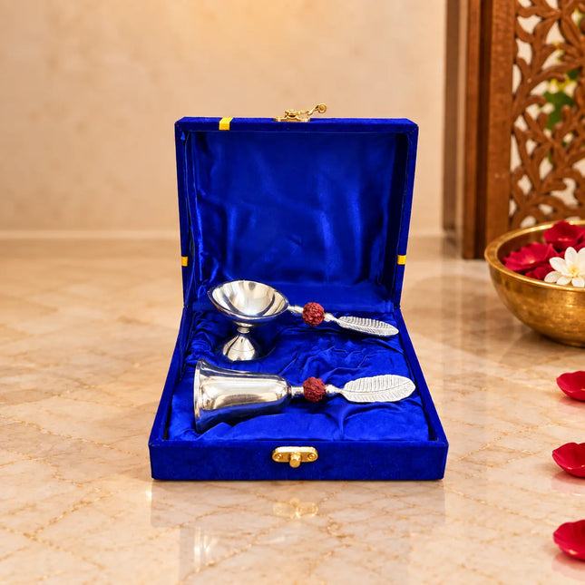 Brass Silver Plated Rudraksh Handbell and Aarti Diya Set With Velvet box
