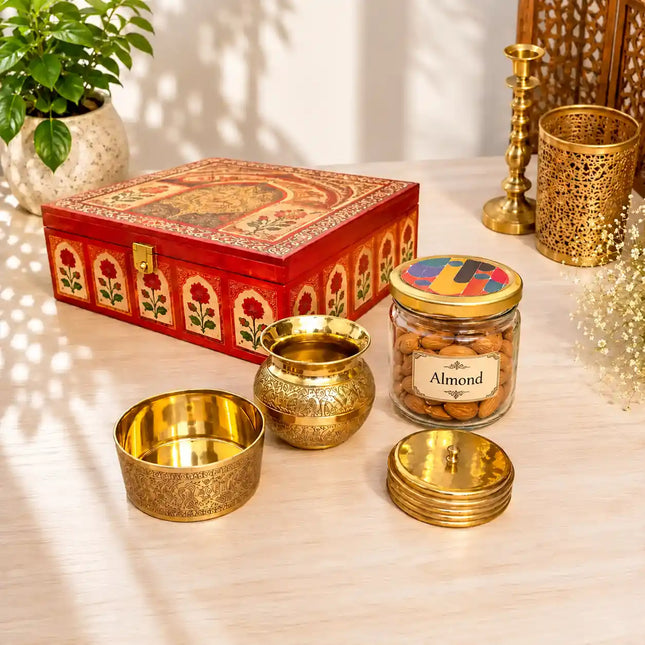 Brass Pooja Kalash Kumkum Box and Bowl Gift Hamper
