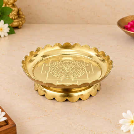 Brass Shree Yantra Engraved Lotus Plate With Stand (5.5 Inch)