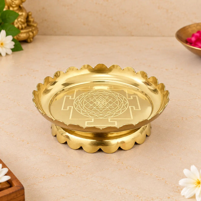 Brass Shree Yantra Engraved Lotus Plate With Stand (5.5 Inch)