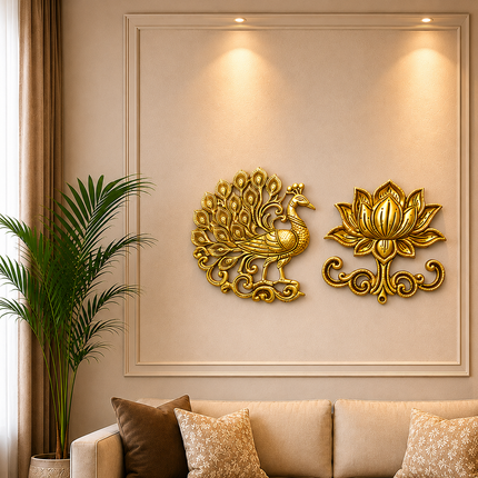 Brass Peacock And Lotus Wall Hanging 3 Piece Set (7.5 inch)