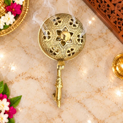 Brass Dhoop Dani & Incense Holder With Handle (3 Inch)