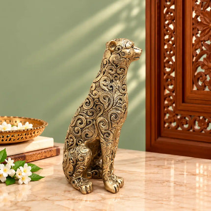 Brass Sitting Leopard / Tiger Statue (11 Inch)