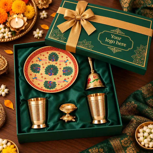Brass Luxury Gift Hamper with Glasses, Bowl, Handbell & Diya