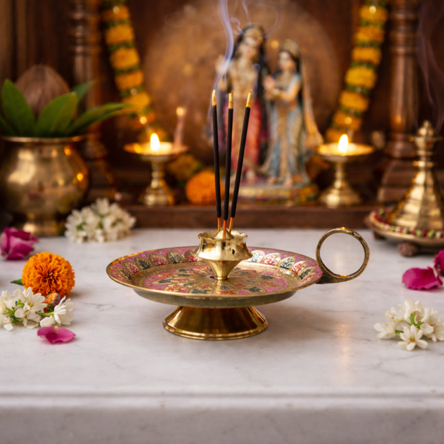 Brass Hand Painted Incense Holder/Agardan (2.2 Inch)