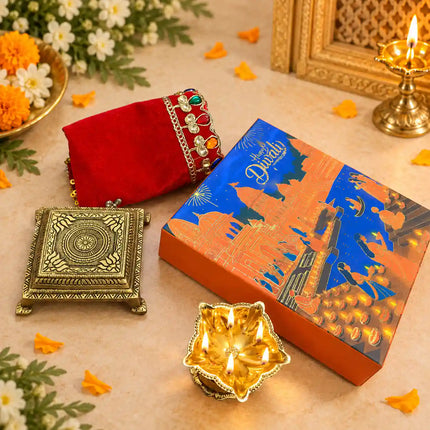 Brass Diwali Gift Hamper with Diya, Chowki and Pooja Asana
