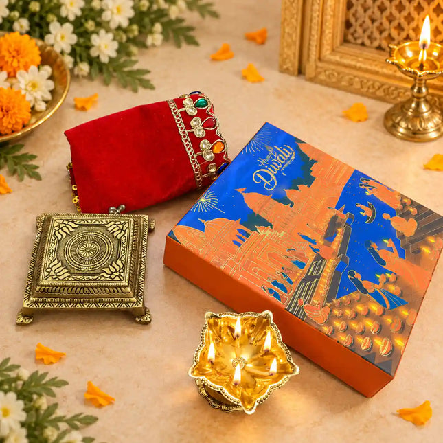 Brass Diwali Gift Hamper with Diya, Chowki and Pooja Asana