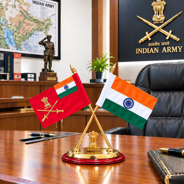 Brass National With Indian Army, Navy & Air Force Flags With Stand (12 Inch)