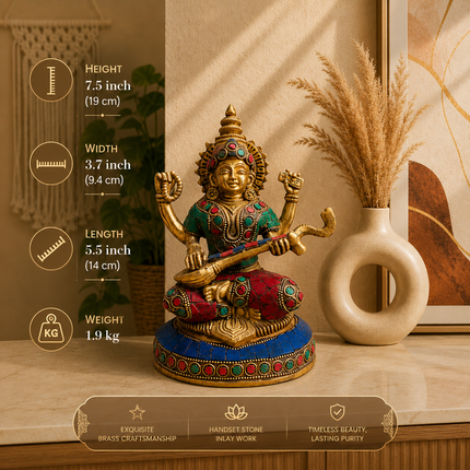 Brass Stone Work Goddess Sitting Saraswati Idol (7.5 Inch)