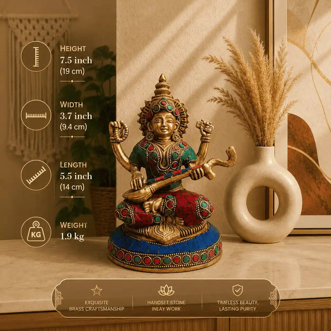 Brass Stone Work Goddess Sitting Saraswati Idol (7.5 Inch)